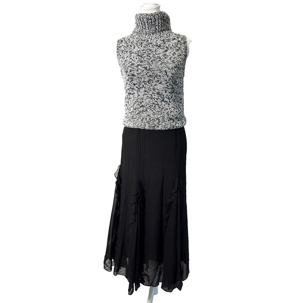Lauren Ralph Lauren Sz10 Black Silk Chiffon Ruffle A-Line Midi Skirt Gothic Edgy